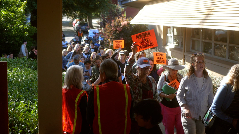 A crowded line of people with "Keep ICE out of Petaluma" signs walking towards the entrance to city hall.