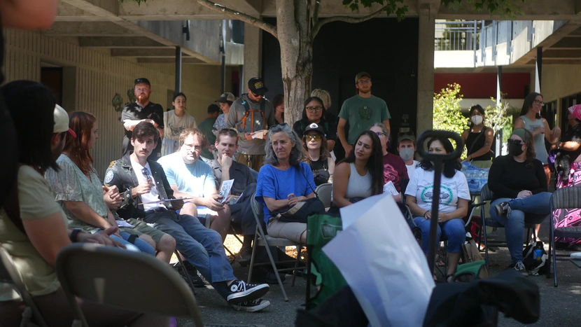 Community members gather for North Bay Organizing Project's Civil Liberties Task Forces' "What the Flock" teach-in outside Santa Rosa City Hall.