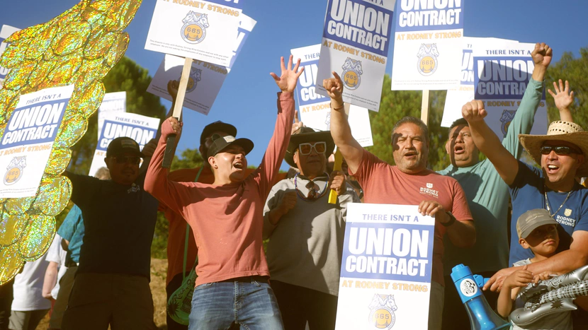Rodney Strong Vineyard workers cheer and rally at the Disco Picket.